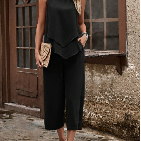 Women’s Solid Color Asymmetric Hem Camisole and Pants 2 Piece Set