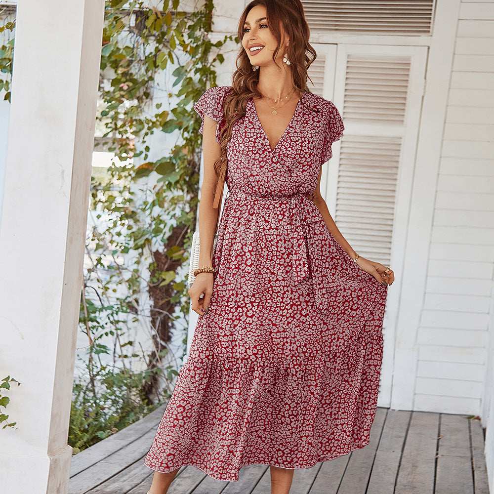 Buy Online Premimum Quality, Trendy and Highly Comfortable Ruffle Cap Sleeve V Neck Belt Wrap Split Floral Long Casual Dress - FEYONAS