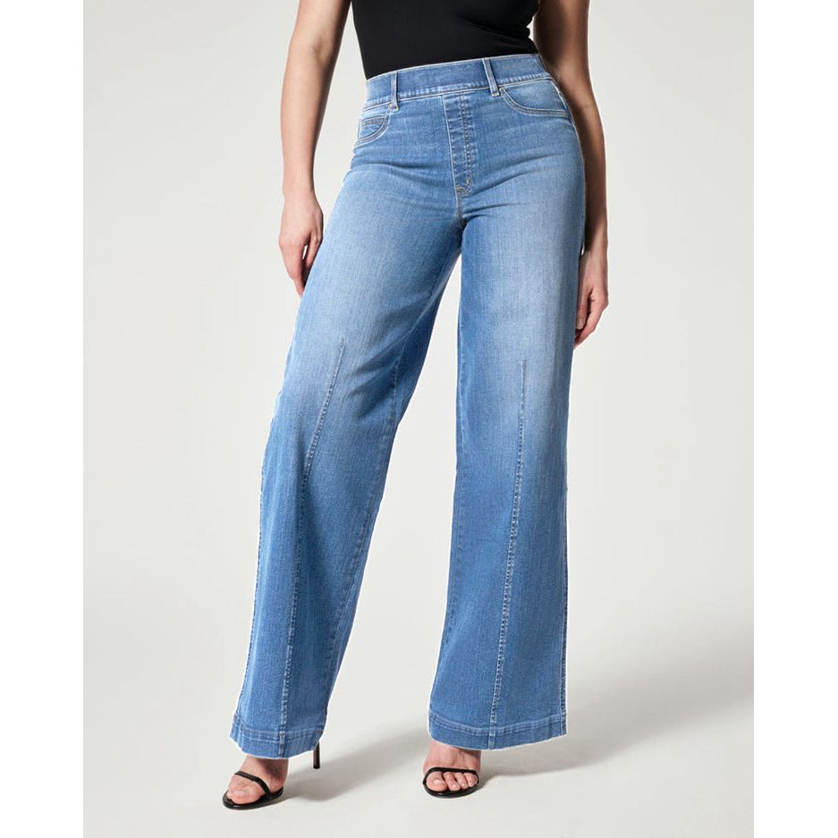 Buy Online Premimum Quality, Trendy and Highly Comfortable Mid Waist Wide Leg Pants High Elastic Jeans - FEYONAS