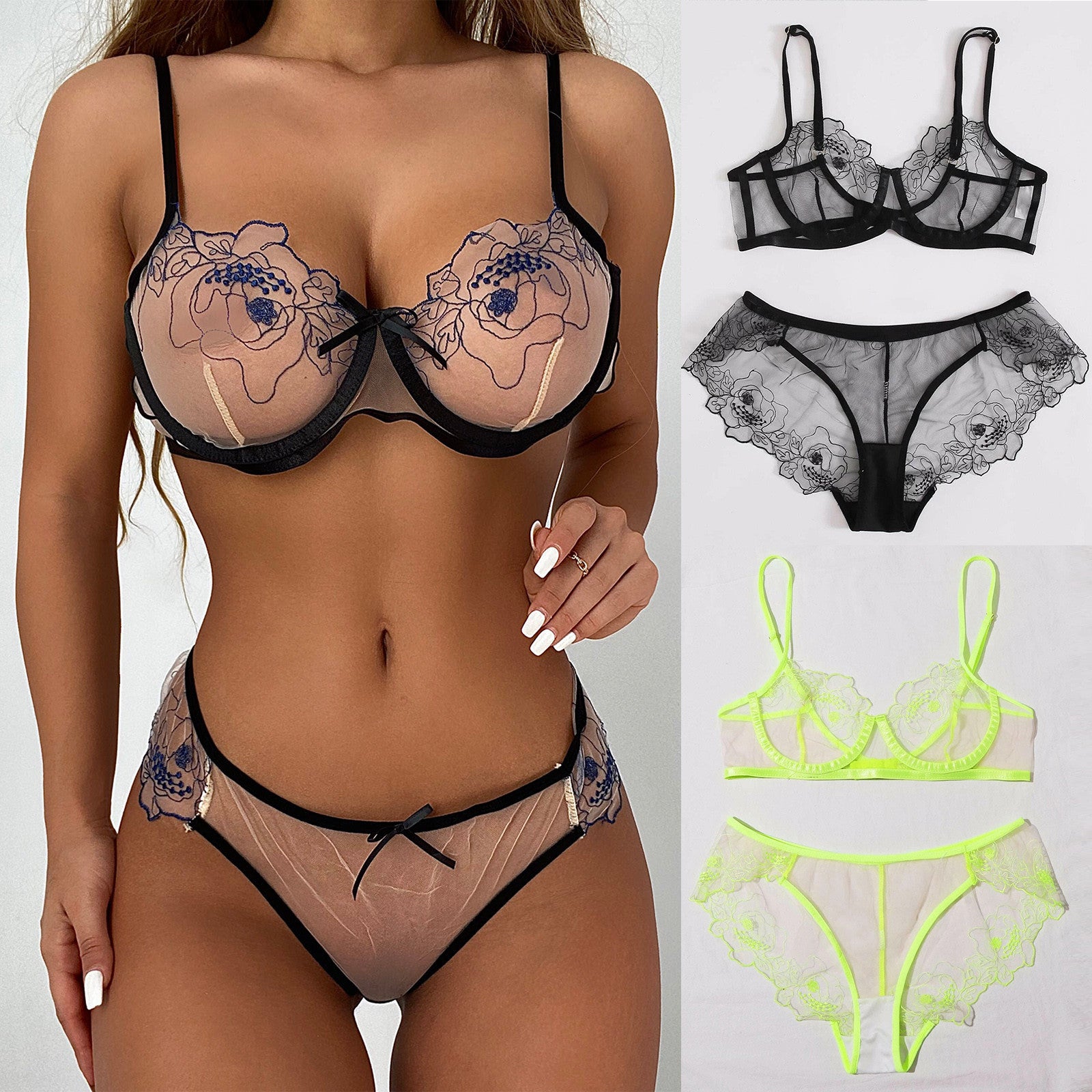 Sheer Bra and Panty Set,embroidered Lingerie Set,see Through Bra