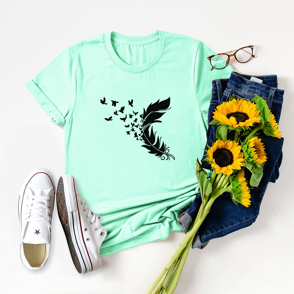 Buy Online Premimum Quality, Trendy and Highly Comfortable Summer Plus Size Women Clothing New Feather Print T-Shirt - FEYONAS