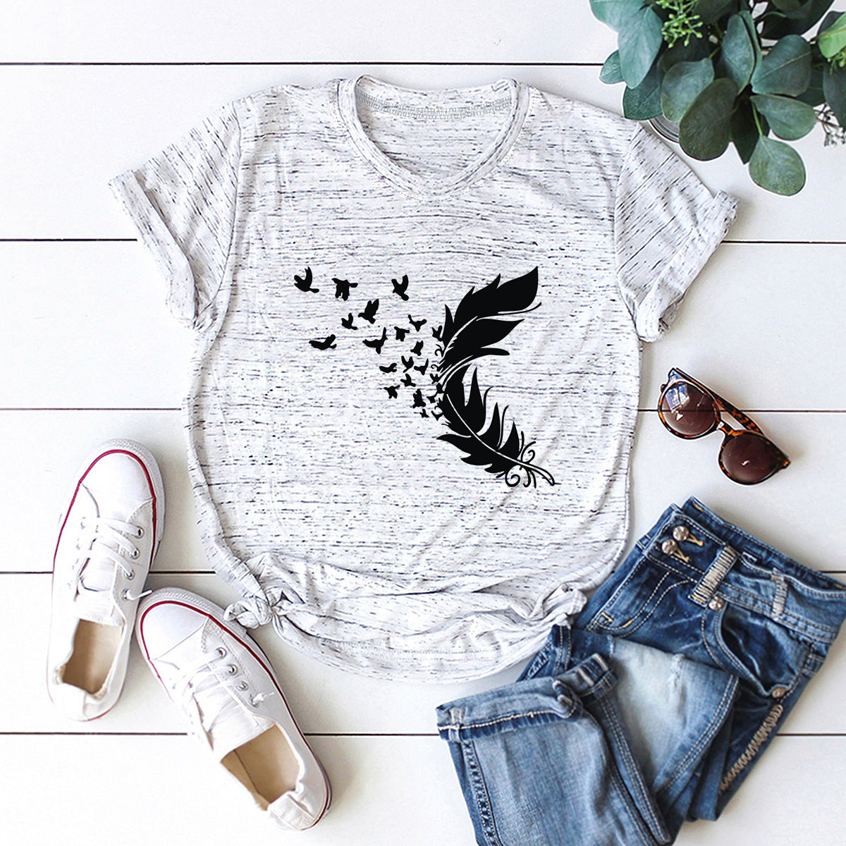 Buy Online Premimum Quality, Trendy and Highly Comfortable Summer Plus Size Women Clothing New Feather Print T-Shirt - FEYONAS