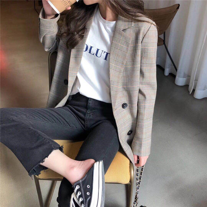 Buy Online Premimum Quality, Trendy and Highly Comfortable Fashion Plaid Women Blazer - FEYONAS