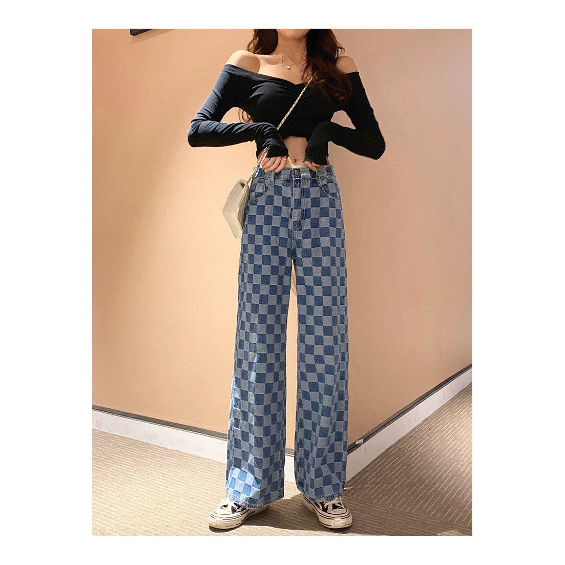 ladies checked jeans pant