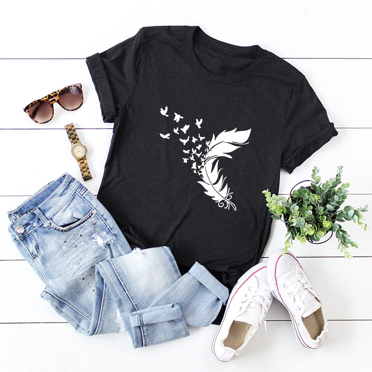 Buy Online Premimum Quality, Trendy and Highly Comfortable Summer Plus Size Women Clothing New Feather Print T-Shirt - FEYONAS