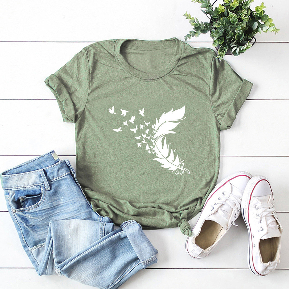 Buy Online Premimum Quality, Trendy and Highly Comfortable Summer Plus Size Women Clothing New Feather Print T-Shirt - FEYONAS