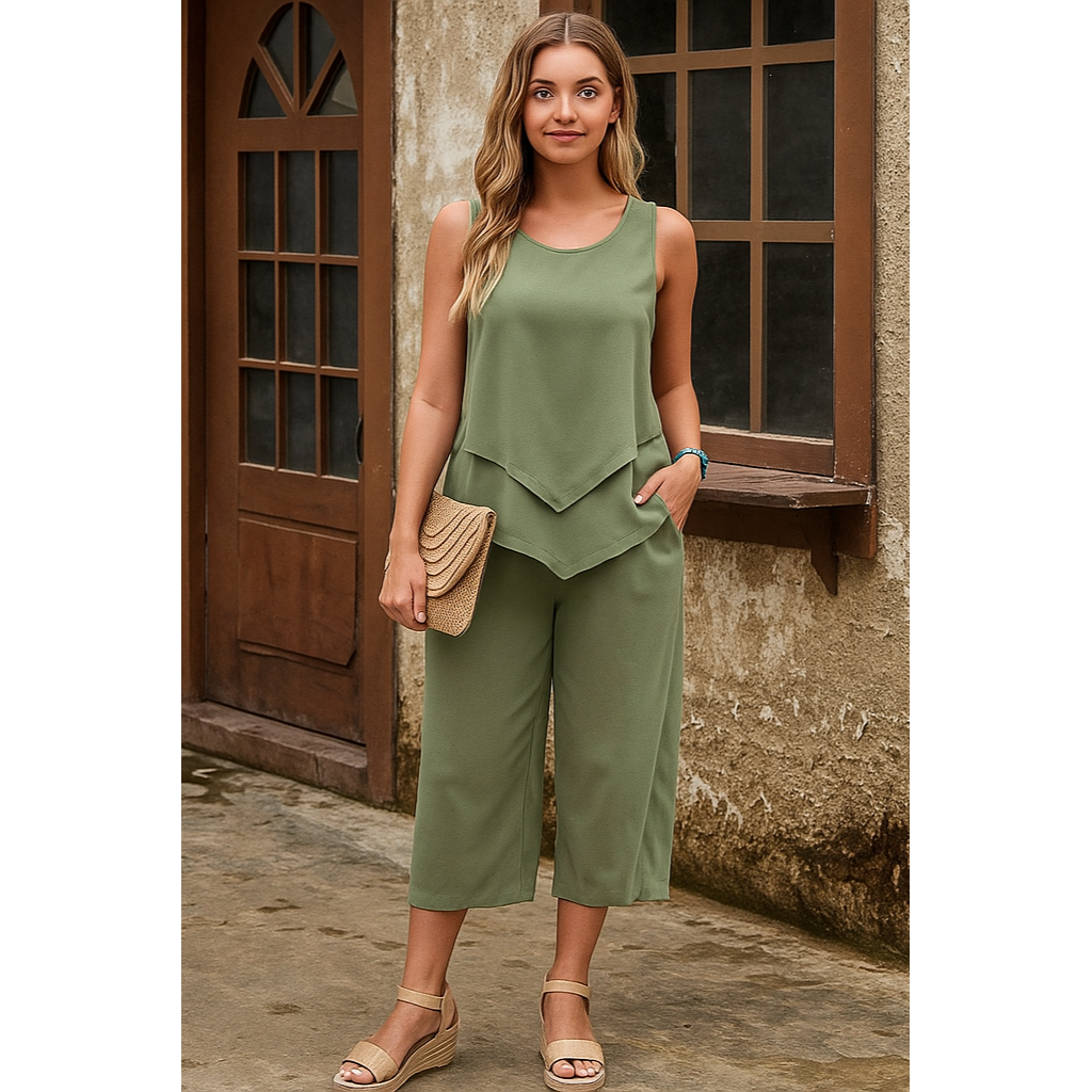 Women’s Solid Color Asymmetric Hem Camisole and Pants 2 Piece Set
