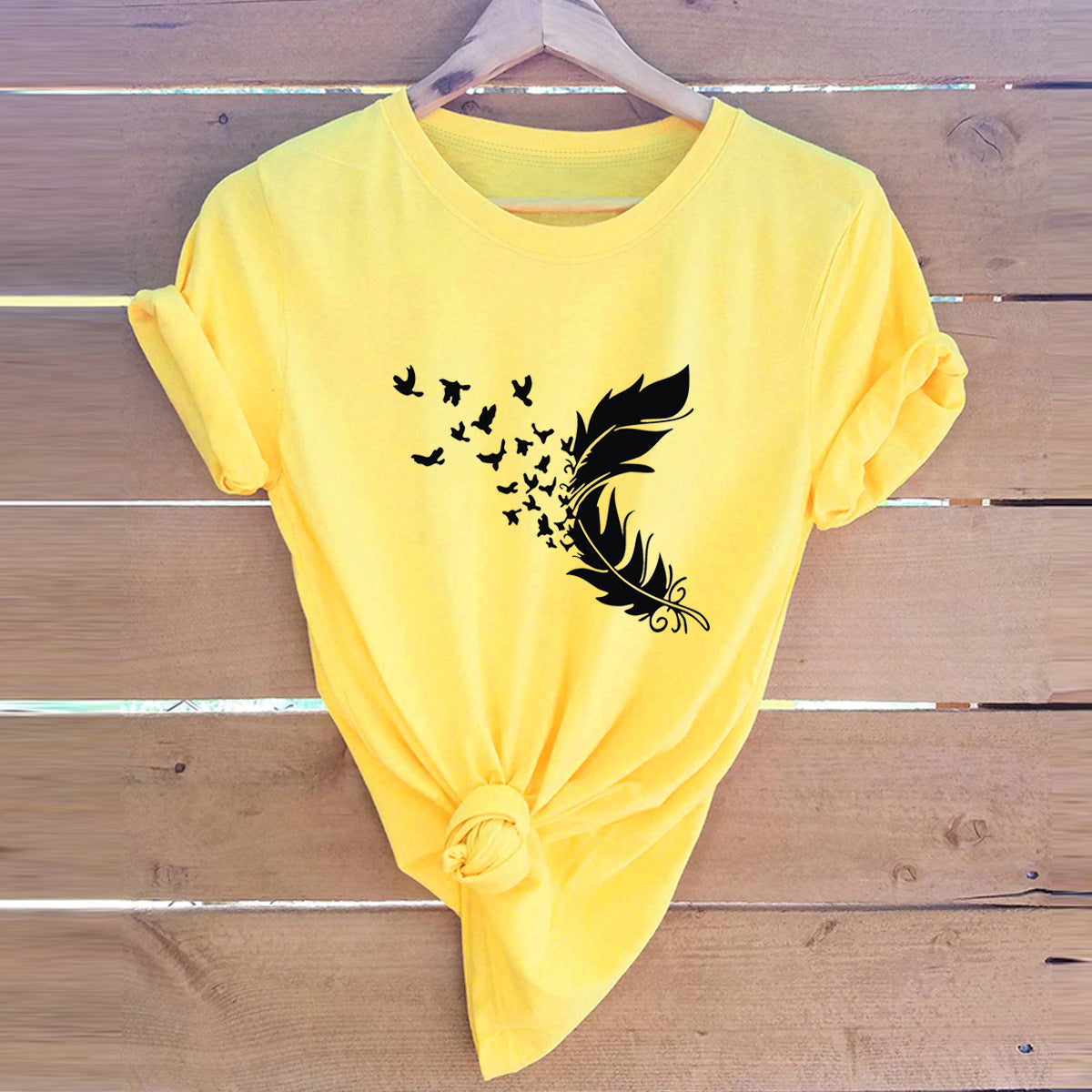 Buy Online Premimum Quality, Trendy and Highly Comfortable Summer Plus Size Women Clothing New Feather Print T-Shirt - FEYONAS
