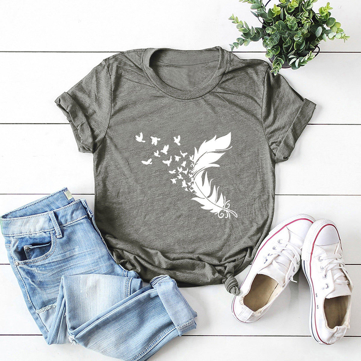 Buy Online Premimum Quality, Trendy and Highly Comfortable Summer Plus Size Women Clothing New Feather Print T-Shirt - FEYONAS
