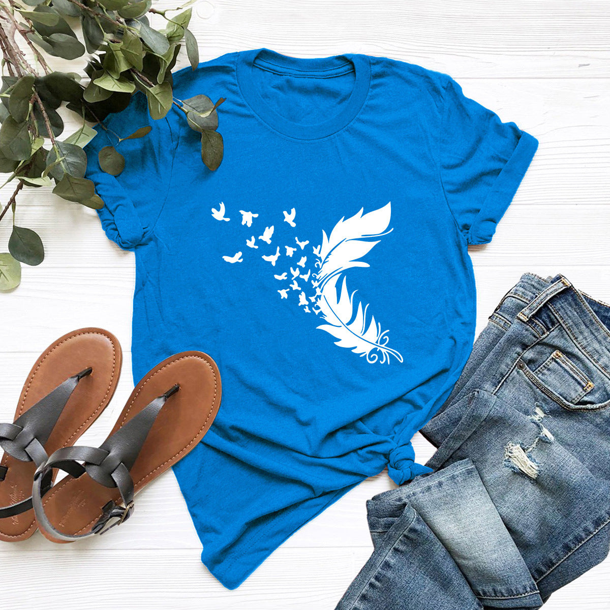 Buy Online Premimum Quality, Trendy and Highly Comfortable Summer Plus Size Women Clothing New Feather Print T-Shirt - FEYONAS