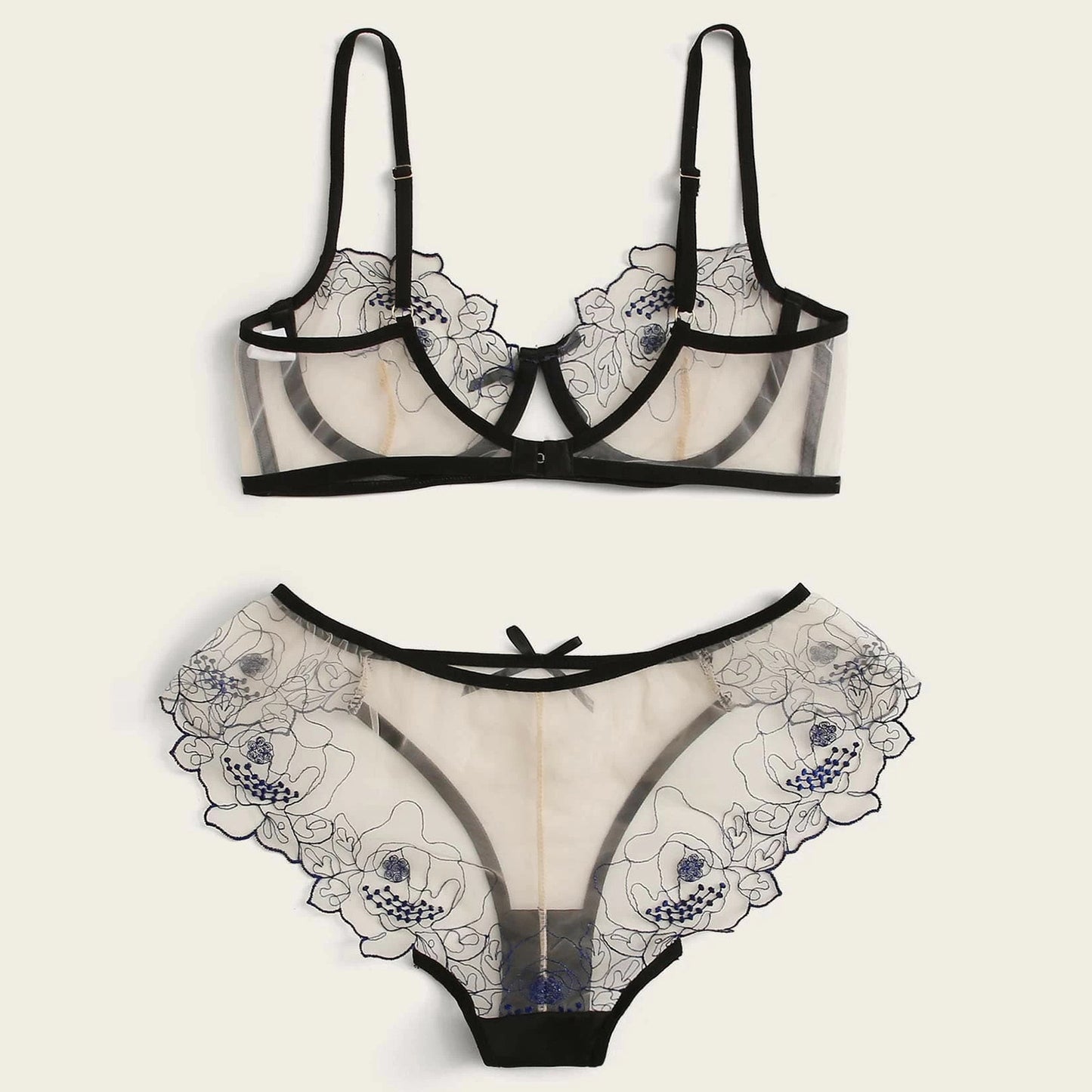 Buy Online Premimum Quality, Trendy and Highly Comfortable Mesh Embroidered Sheer Lingerie Set - FEYONAS