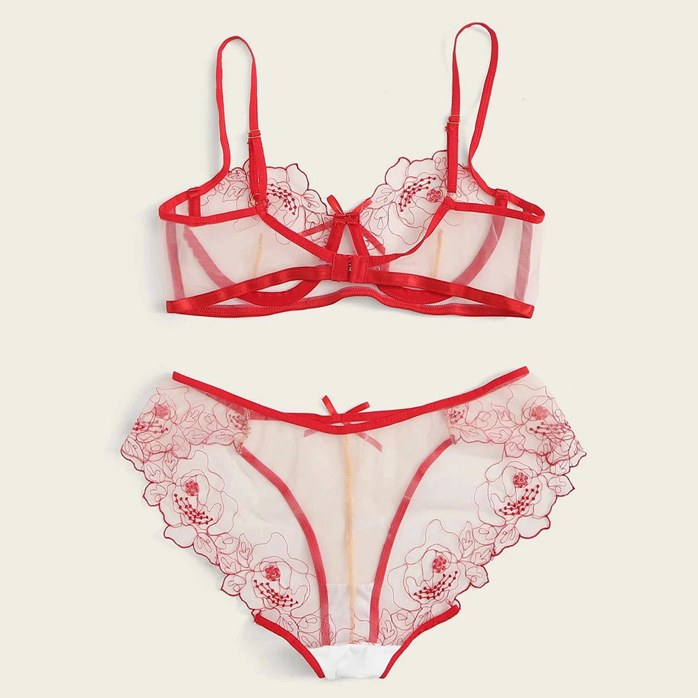 Buy Online Premimum Quality, Trendy and Highly Comfortable Mesh Embroidered Sheer Lingerie Set - FEYONAS
