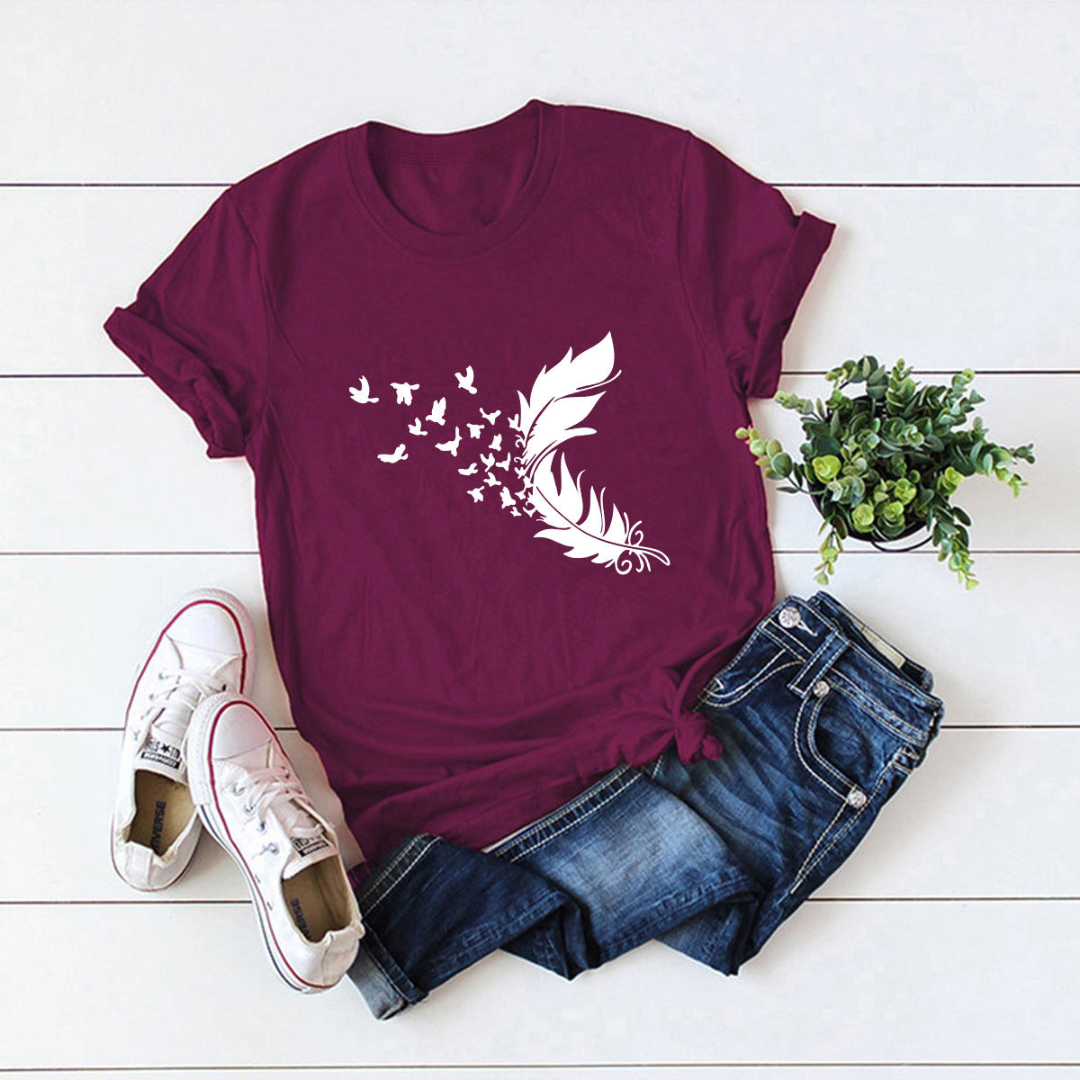 Buy Online Premimum Quality, Trendy and Highly Comfortable Summer Plus Size Women Clothing New Feather Print T-Shirt - FEYONAS