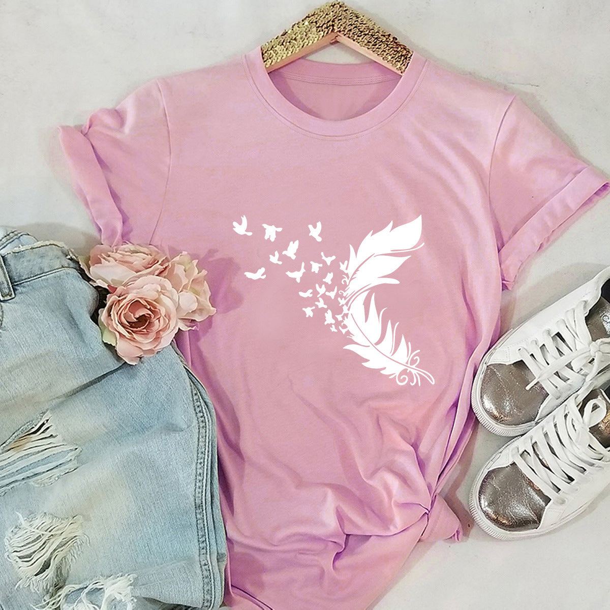 Buy Online Premimum Quality, Trendy and Highly Comfortable Summer Plus Size Women Clothing New Feather Print T-Shirt - FEYONAS