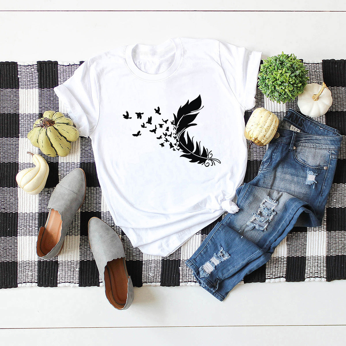 Buy Online Premimum Quality, Trendy and Highly Comfortable Summer Plus Size Women Clothing New Feather Print T-Shirt - FEYONAS