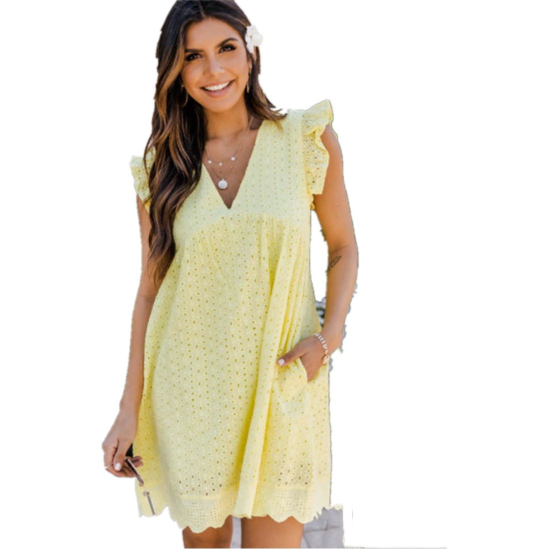 Buy Online Premimum Quality, Trendy and Highly Comfortable Lace Dresses Summer Sleeveless Jacquard Cutout V-Neck Beach Dress - FEYONAS