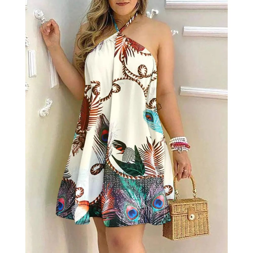 Buy Online Premimum Quality, Trendy and Highly Comfortable Printed Dress Summer Off-Shoulder Hanging Neck Sexy Dresses - FEYONAS