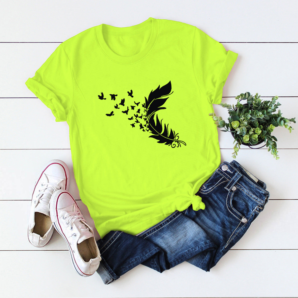 Buy Online Premimum Quality, Trendy and Highly Comfortable Summer Plus Size Women Clothing New Feather Print T-Shirt - FEYONAS