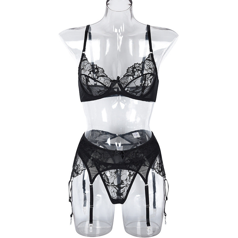 Buy Online Premimum Quality, Trendy and Highly Comfortable Lace Black Embroidered Mesh Lingerie Set - FEYONAS