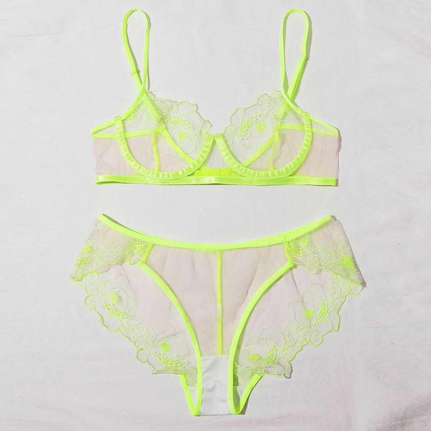 Buy Online Premimum Quality, Trendy and Highly Comfortable Mesh Embroidered Sheer Lingerie Set - FEYONAS