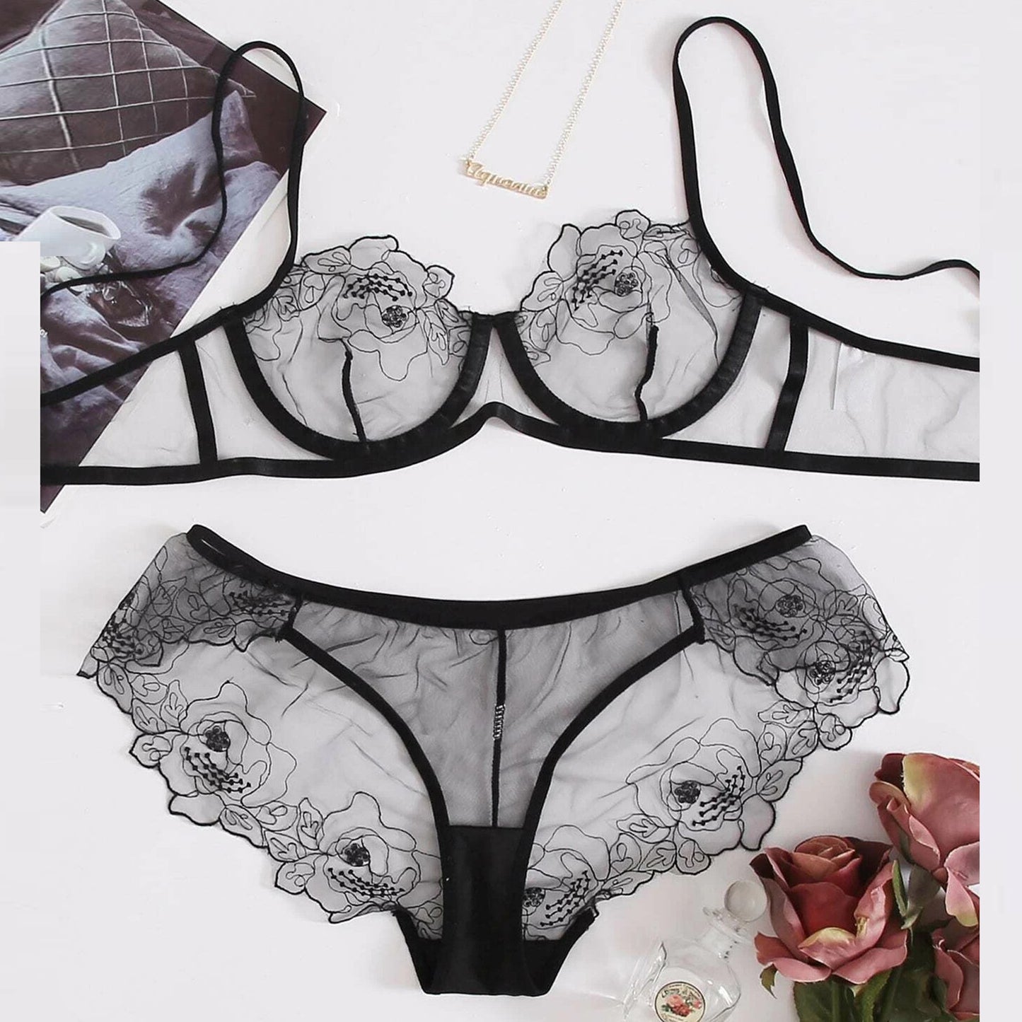Buy Online Premimum Quality, Trendy and Highly Comfortable Mesh Embroidered Sheer Lingerie Set - FEYONAS
