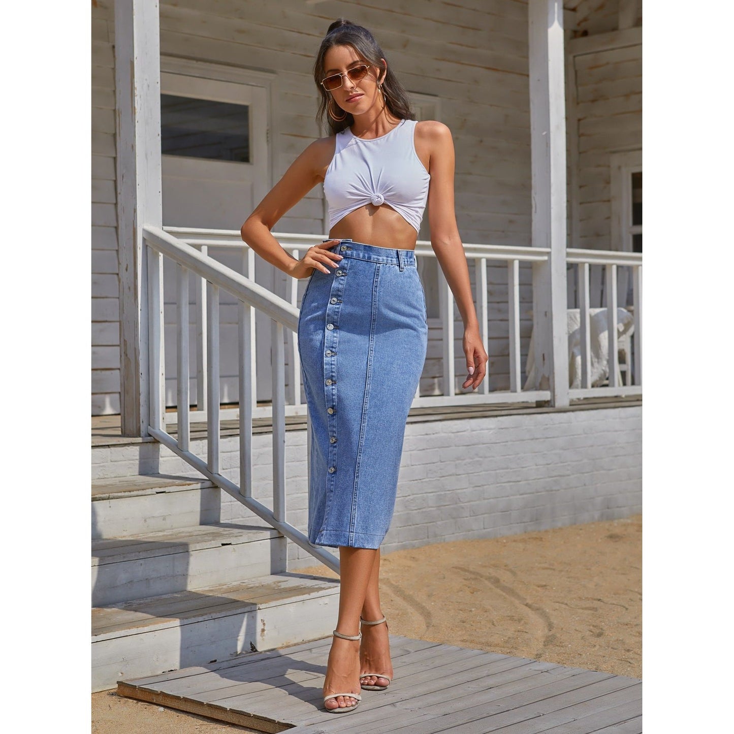 denim midi skirts for women