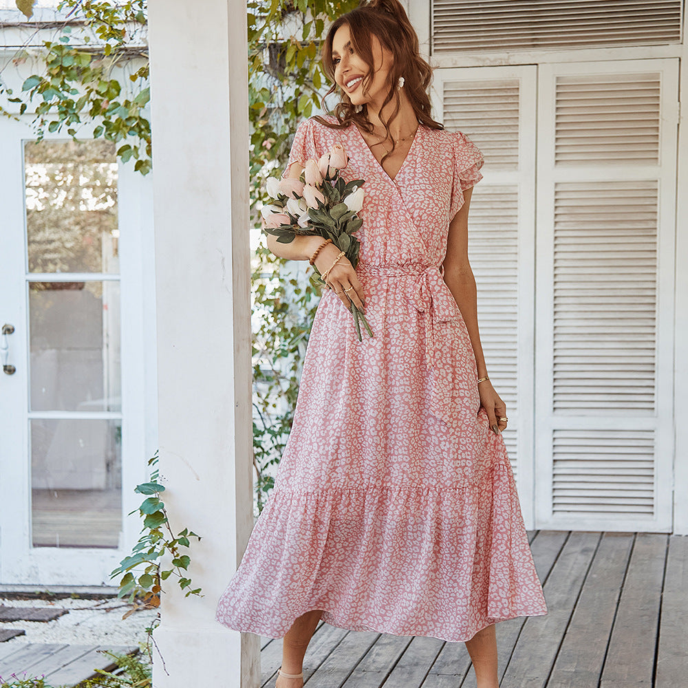Buy Online Premimum Quality, Trendy and Highly Comfortable Ruffle Cap Sleeve V Neck Belt Wrap Split Floral Long Casual Dress - FEYONAS