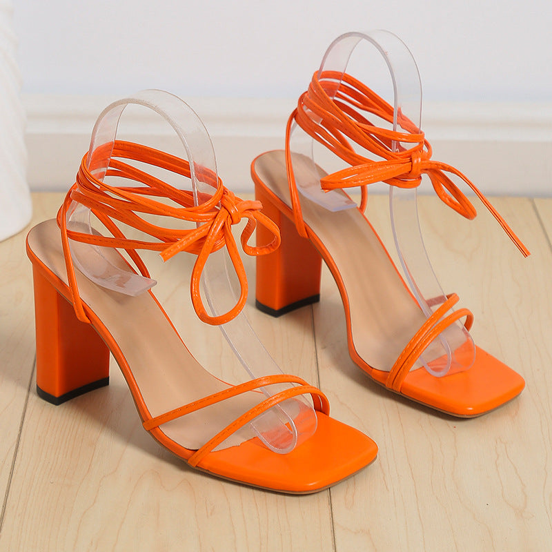 Buy Online Premimum Quality, Trendy and Highly Comfortable Fashion Lace Up Strappy Summer Chunky Heel Sandals - FEYONAS