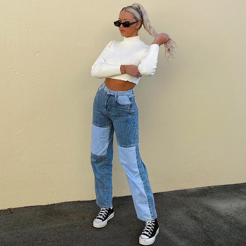 Buy Online Premimum Quality, Trendy and Highly Comfortable Contrasting Stitching Straight-leg Jeans Women - FEYONAS
