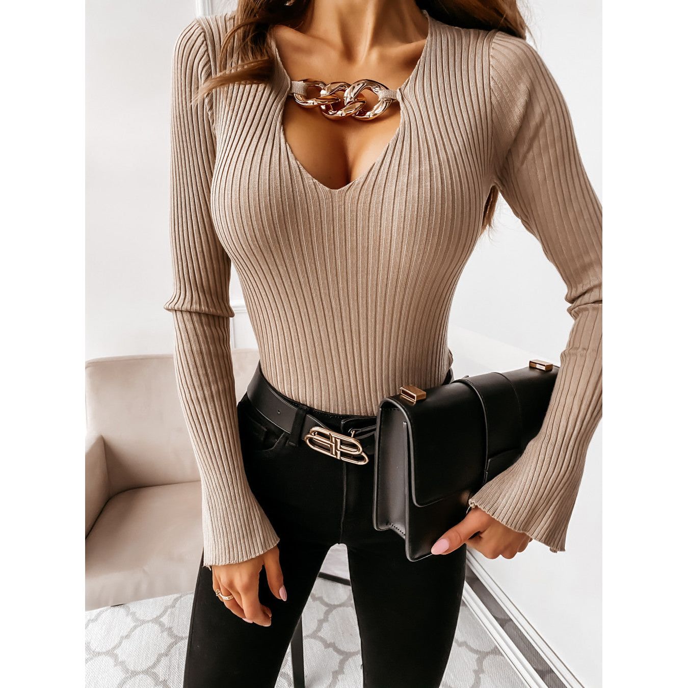 Buy Online Premimum Quality, Trendy and Highly Comfortable V-neck chain embellished long sleeve blouse/Top - FEYONAS