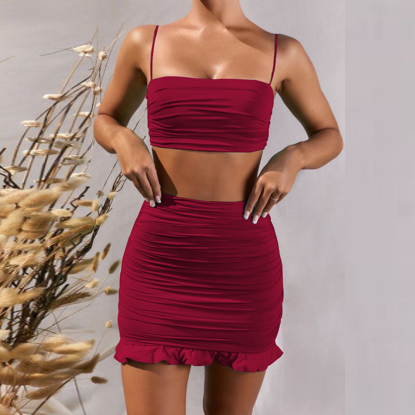 Buy Online Premimum Quality, Trendy and Highly Comfortable Sexy camisole pleated skirt two-piece suit - FEYONAS