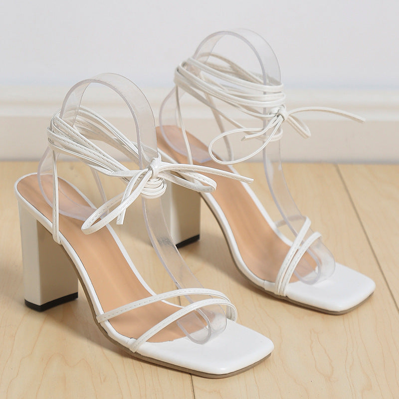 Buy Online Premimum Quality, Trendy and Highly Comfortable Fashion Lace Up Strappy Summer Chunky Heel Sandals - FEYONAS