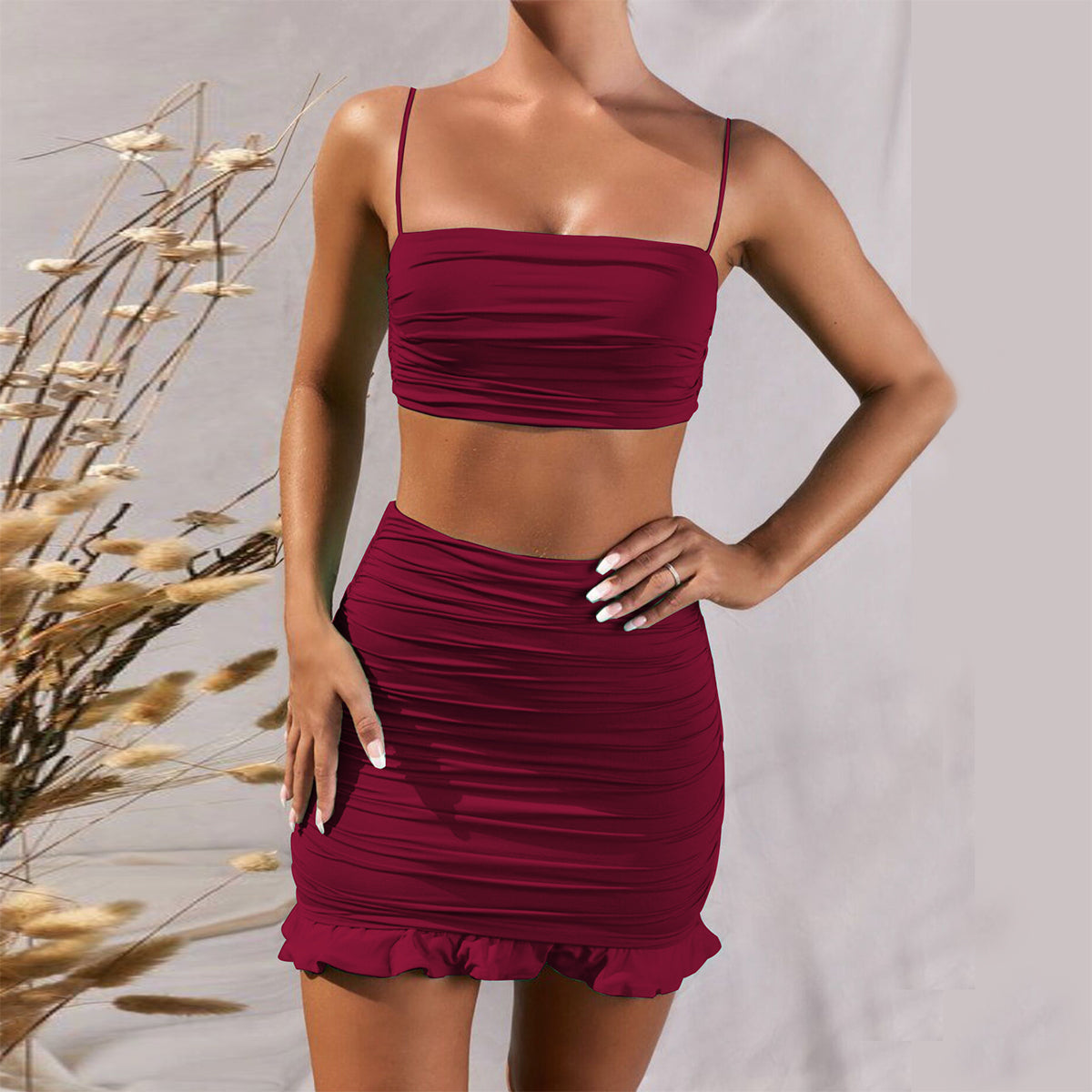 Buy Online Premimum Quality, Trendy and Highly Comfortable Sexy camisole pleated skirt two-piece suit - FEYONAS
