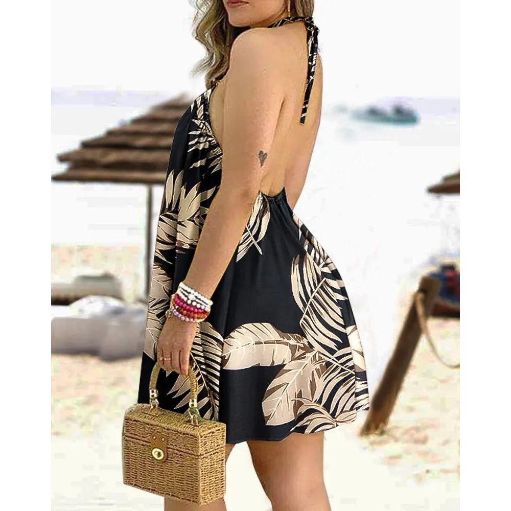 Buy Online Premimum Quality, Trendy and Highly Comfortable Printed Dress Summer Off-Shoulder Hanging Neck Sexy Dresses - FEYONAS