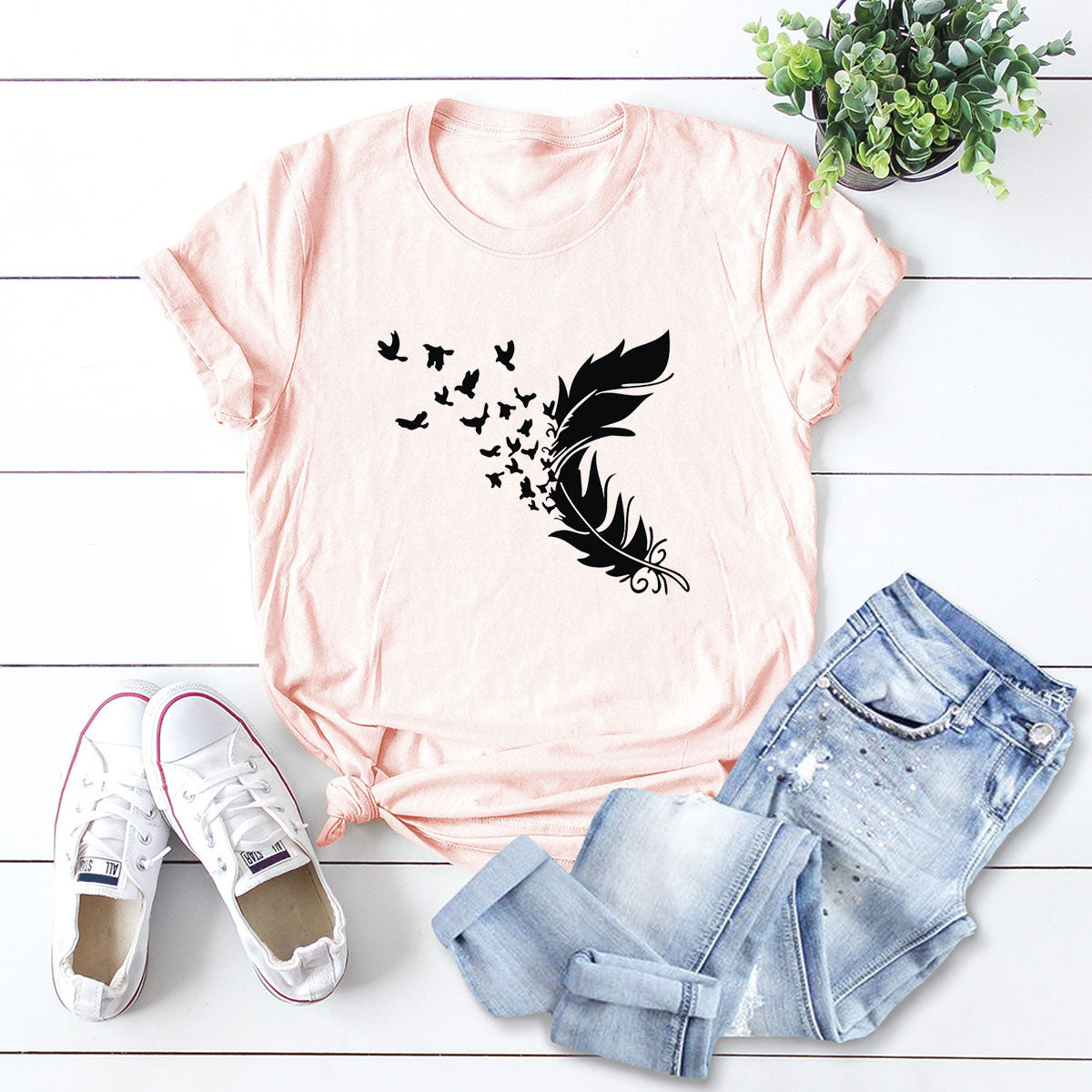 Buy Online Premimum Quality, Trendy and Highly Comfortable Summer Plus Size Women Clothing New Feather Print T-Shirt - FEYONAS
