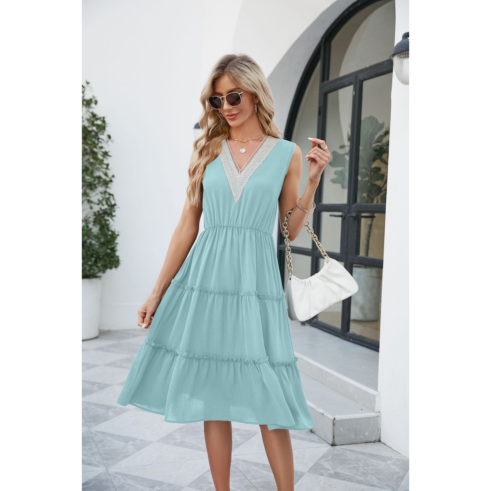 Buy Online Premimum Quality, Trendy and Highly Comfortable V-neck Women Sleeveless Pleated Ruffle Elegant Dress - FEYONAS