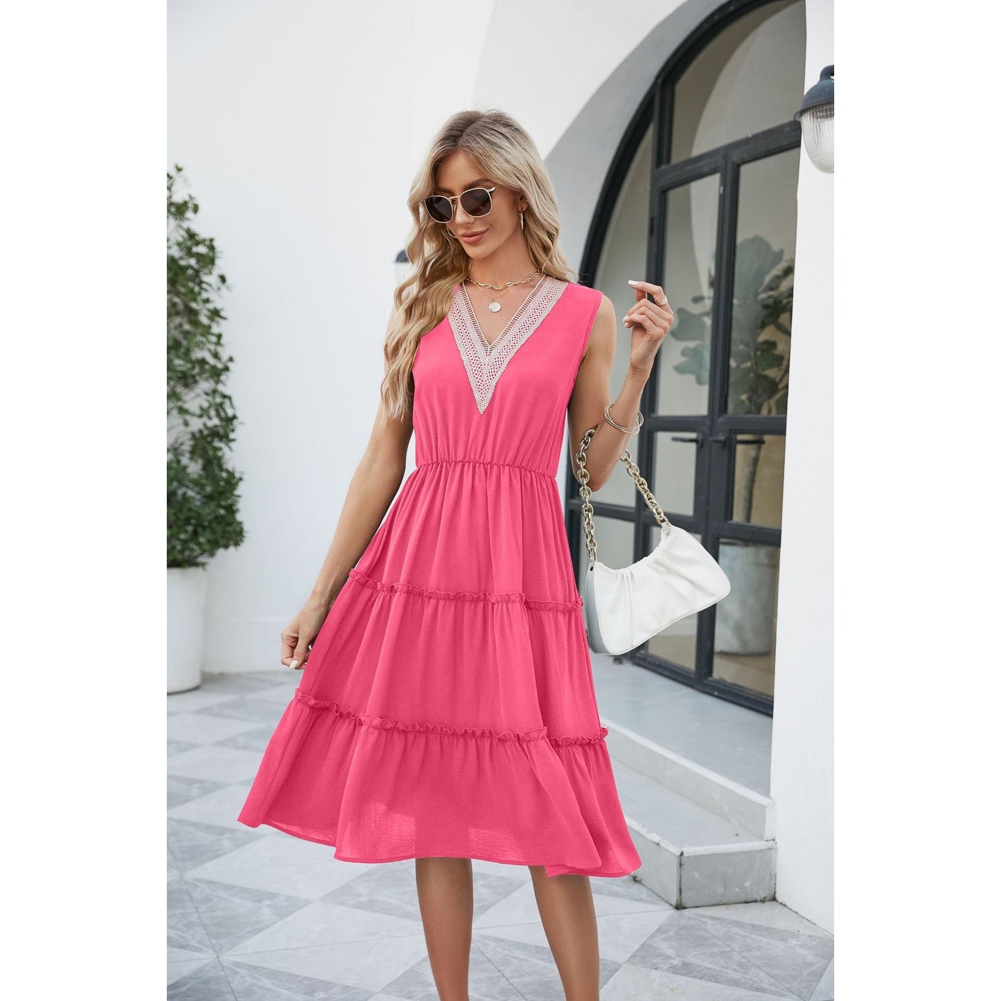 Buy Online Premimum Quality, Trendy and Highly Comfortable V-neck Women Sleeveless Pleated Ruffle Elegant Dress - FEYONAS