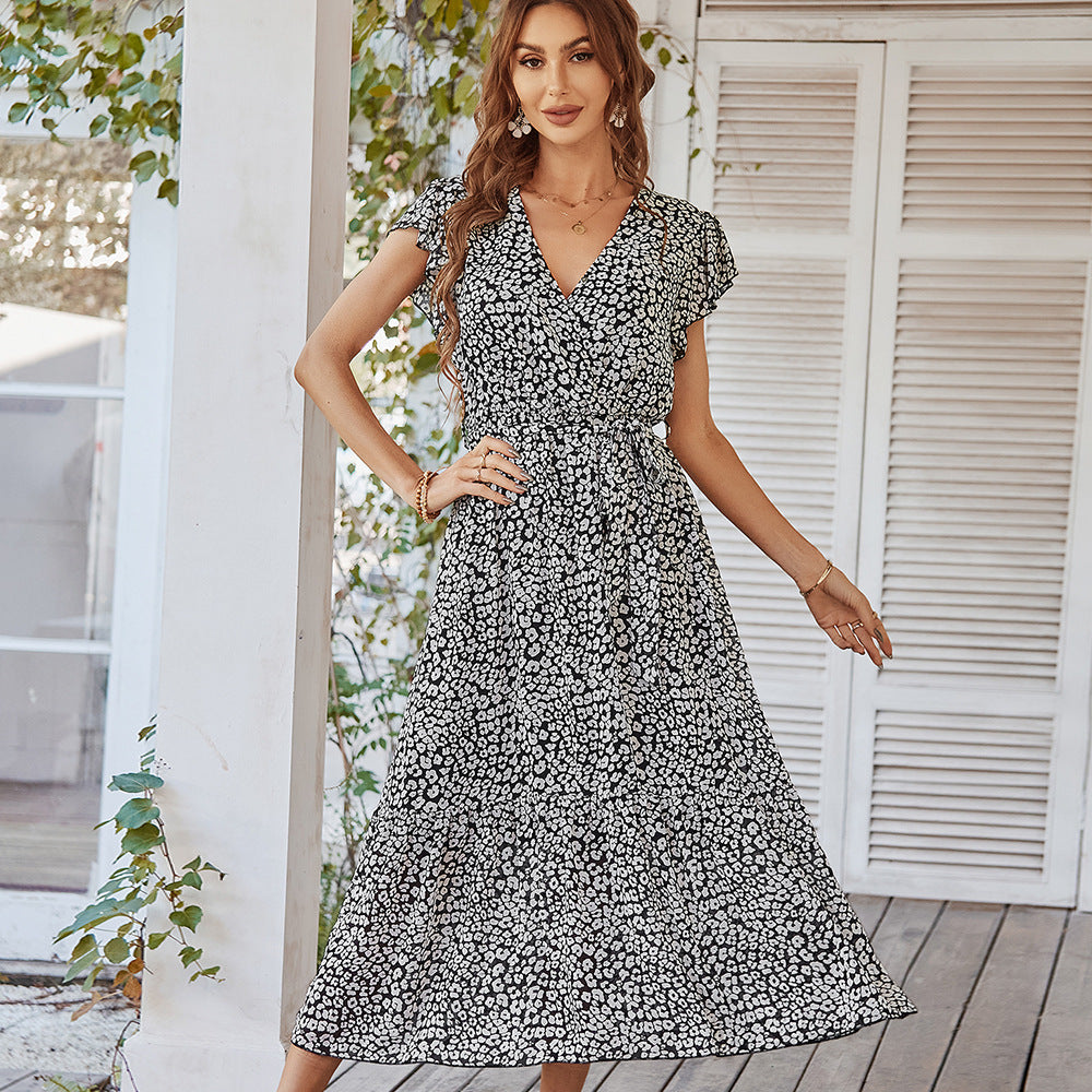 Buy Online Premimum Quality, Trendy and Highly Comfortable Ruffle Cap Sleeve V Neck Belt Wrap Split Floral Long Casual Dress - FEYONAS
