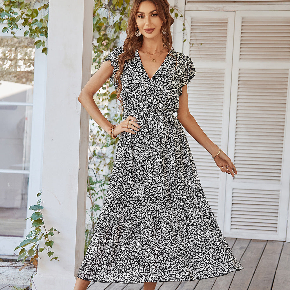 floral maxi dress with cap sleeves Ruffle Cap Sleeve V Neck Belt Wrap Split Floral Long Casual Dress – Feyonas