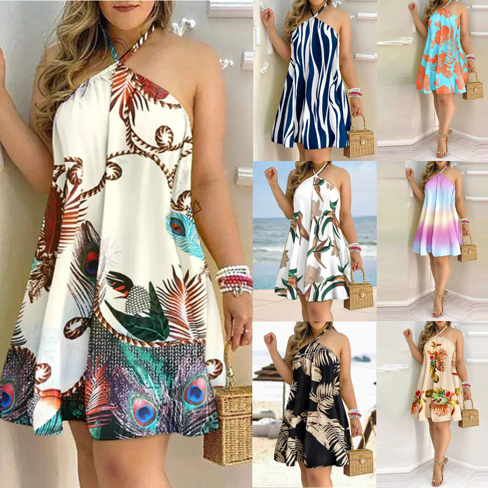 Buy Online Premimum Quality, Trendy and Highly Comfortable Printed Dress Summer Off-Shoulder Hanging Neck Sexy Dresses - FEYONAS