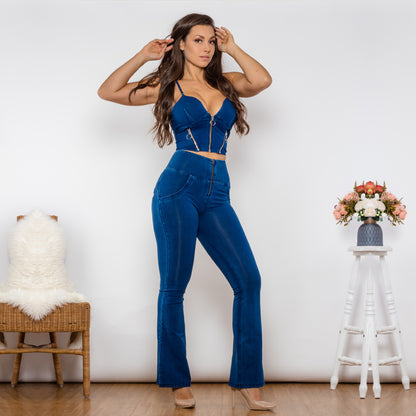 Buy Online Premimum Quality, Trendy and Highly Comfortable Zipper Push Up Top Dark Blue Jeans Top High Waist Flare Jeans Women Two Piece Outfits - FEYONAS