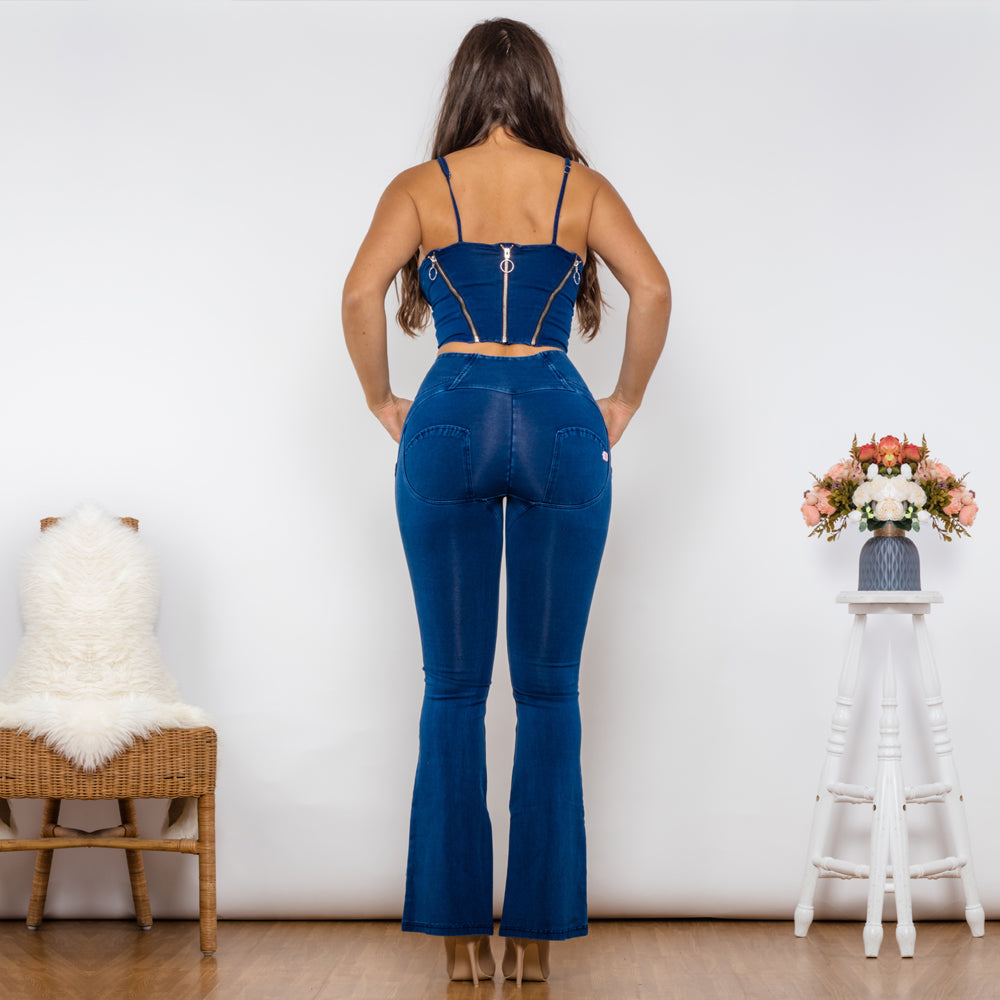 Buy Online Premimum Quality, Trendy and Highly Comfortable Zipper Push Up Top Dark Blue Jeans Top High Waist Flare Jeans Women Two Piece Outfits - FEYONAS