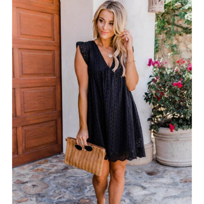 Buy Online Premimum Quality, Trendy and Highly Comfortable Lace Dresses Summer Sleeveless Jacquard Cutout V-Neck Beach Dress - FEYONAS