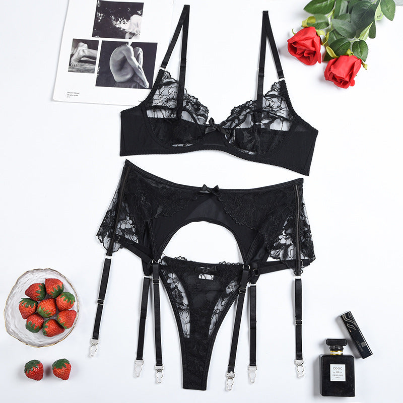 Buy Online Premimum Quality, Trendy and Highly Comfortable Lace Black Embroidered Mesh Lingerie Set - FEYONAS