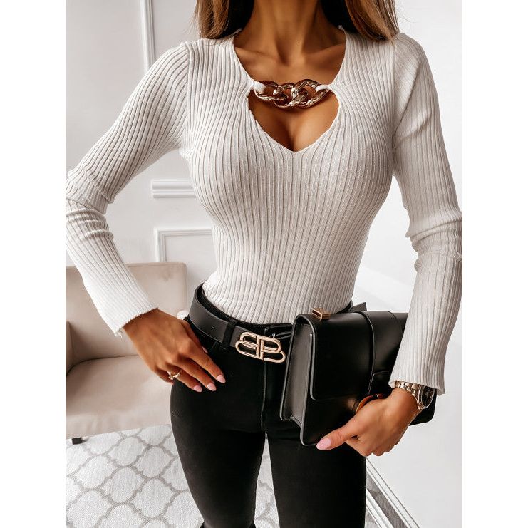 Buy Online Premimum Quality, Trendy and Highly Comfortable V-neck chain embellished long sleeve blouse/Top - FEYONAS