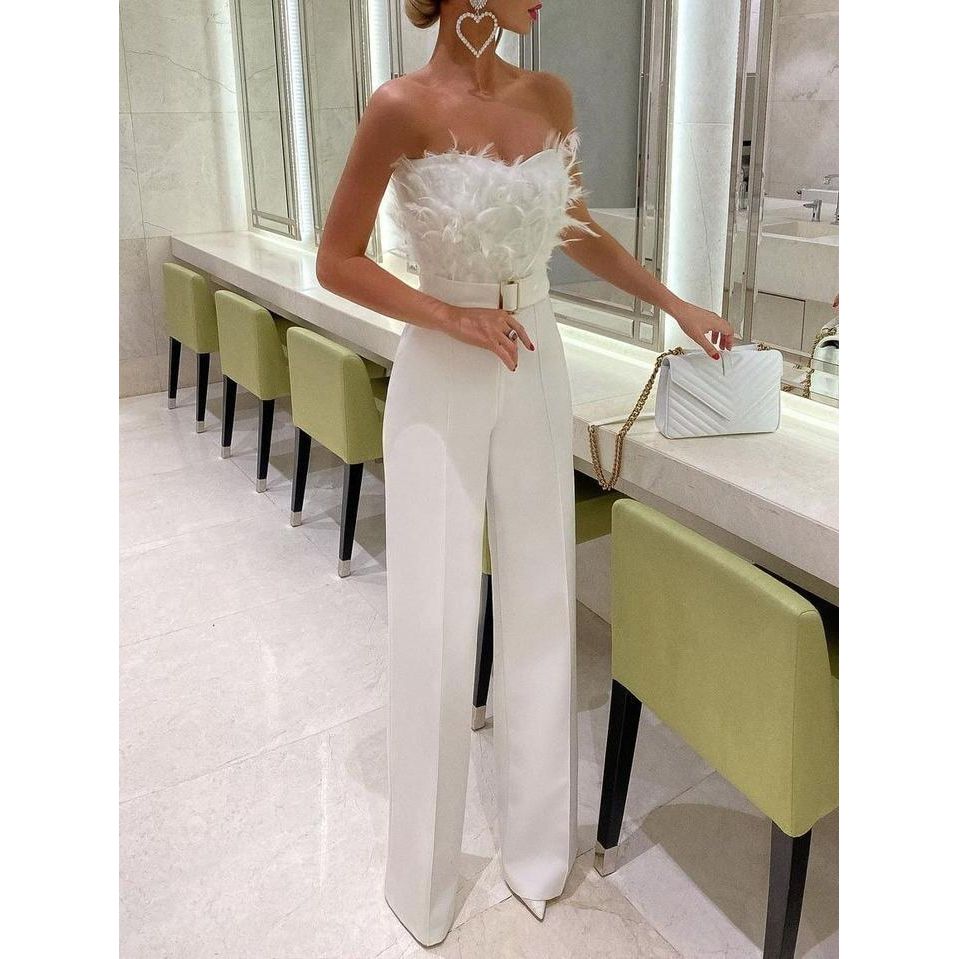 Buy Online Premimum Quality, Trendy and Highly Comfortable Feather Tube Top Fashion Jumpsuit - FEYONAS