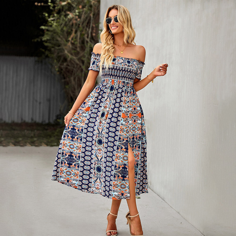 Buy Online Premimum Quality, Trendy and Highly Comfortable Floral Print Off Shoulder Split Long A Line Dress - FEYONAS