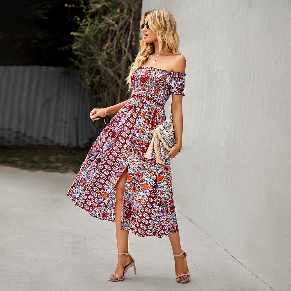 Buy Online Premimum Quality, Trendy and Highly Comfortable Floral Print Off Shoulder Split Long A Line Dress - FEYONAS