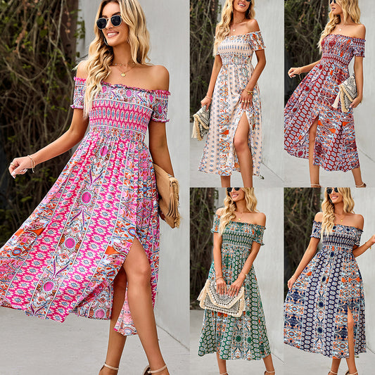 Buy Online Premimum Quality, Trendy and Highly Comfortable Floral Print Off Shoulder Split Long A Line Dress - FEYONAS