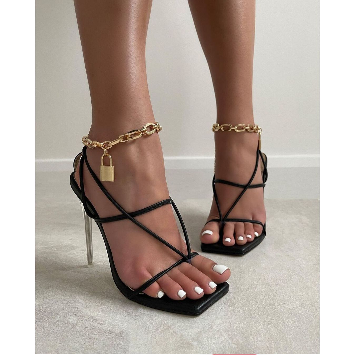 Buy Online Premimum Quality, Trendy and Highly Comfortable Lock Chain Style Sandals Square Toe Stiletto High Heel Shoes Party - FEYONAS